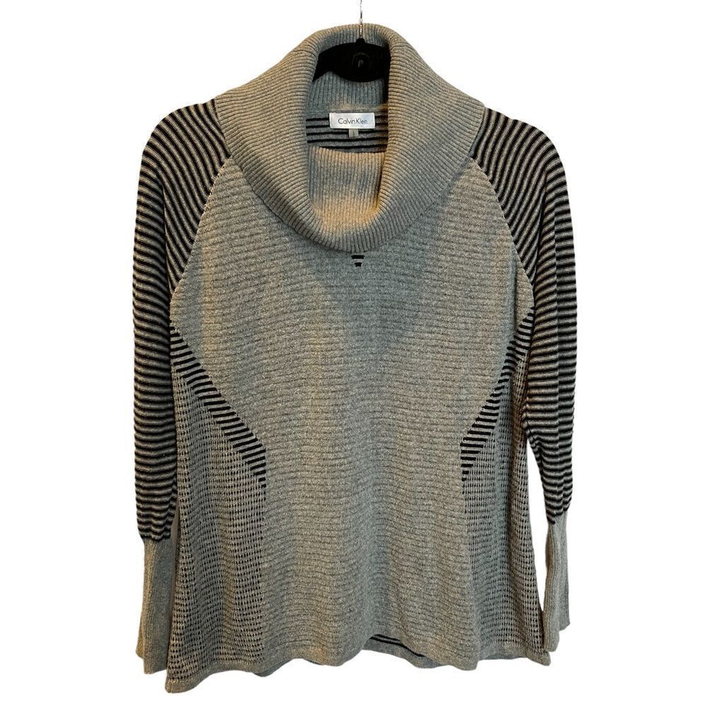 Calvin Klein Women's Cowl neck sweater Large gray and black stripe